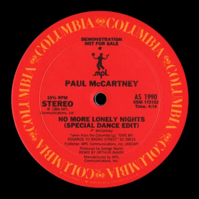 Paul McCartney - No More Lonely Nights (12", Promo) (Very Good Plus (VG+)) 27047 - Image 1 of 4