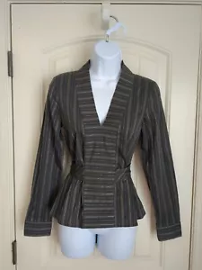 Benetton Women Shirt Blouse Long Sleeve Cotton Striped Grey Tie XS - Picture 1 of 12