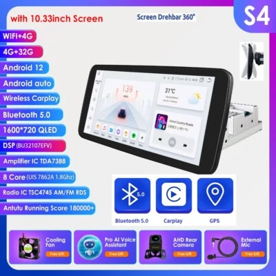 Single 1 DIN Rotatable 10.33"Android 13  Car Stereo Radio GPS Wifi CarPlay 4+32G - Image 1 of 4