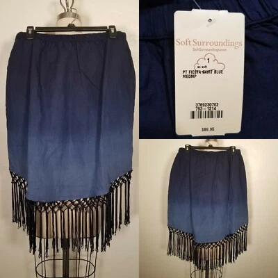 PM Soft Surroundings Blue Ombre Fringe Fiesta Skirt Linen Cotton Petite Pool B06 - Image 1 of 4