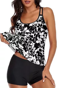 B2PRITY Large Two Piece Women Sexy Tankini Bikini Bathing Swimsuit Black & White - Picture 1 of 4