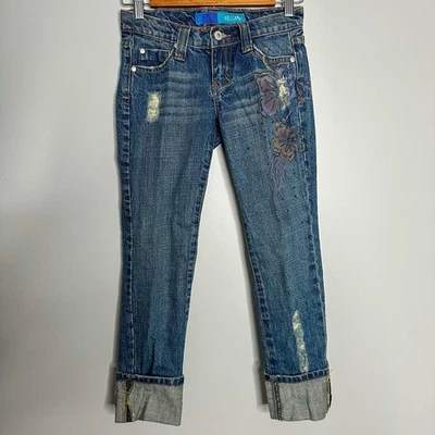 Pantalones de mezclilla para mujer Delias talla 00 pintados florales desgastados puños Y2K pierna recta Foto 1 de 4