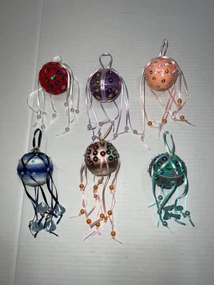 6 Handmade Christmas Ornament Yarn Beaded Sequins Ribbon Drop Multi Colored - Image 1 of 4