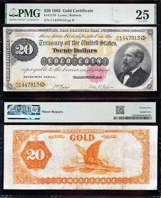 VERY NICE *RARE* Bold & Crisp VF+ 1882 $20 GOLD CERTIFICATE! PMG 25! C14479134 - Image 1 of 3