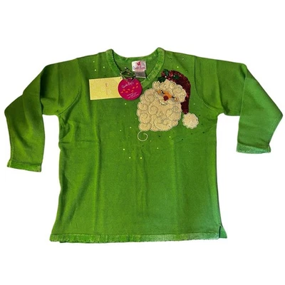Quacker Factory Green Christmas V-Neck Sweater - Sequin Santa Claus - 1X - NEW - Image 1 of 4