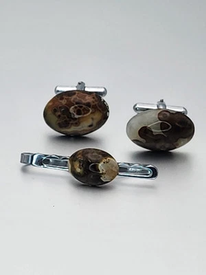 Juego de gemelos y clip de barra de corbata cabujón de colección ágata con fósiles ¡ENVÍO GRATUITO DE $! Foto 1 de 4