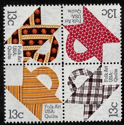 BASKET DESIGN QUILTS US #1745-1748 AMERICAN FOLK ART 1978 MNHVF 13c STAMPS BLOCK - Image 1 of 2