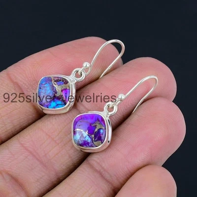Purple Copper Turquoise 925 Sterling Silver Handmade Dangle Women Earrings P#855 - Image 1 of 3