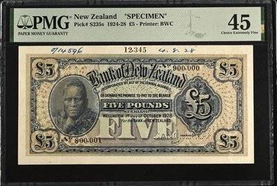 New Zealand 1924-28 £5, Wellington, SPECIMEN, Pick # S235s PMG 45 - Image 1 of 2