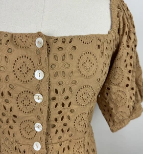 Cleobella Dress Womens XS NWT Tan Eyelet Puff Sleeve Organic Cotton Demi Midi - Picture 1 of 15