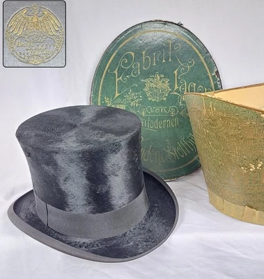 Rare Antique German Top Hat Black Beaver Fur Silk In Original Box Gold Letters - Image 1 of 4