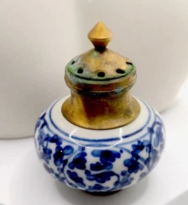 Antique Chinese Blue & White Porcelain Brass Incense Burner or Perfume Bottle - Picture 1 of 6