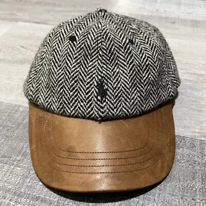 VTG Polo Ralph Lauren Black/White Herringbone Wool Leather Brim Strap Hat Cap - Picture 1 of 3
