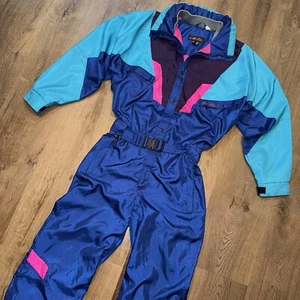 Mens Nevica Ski Suit One Piece Snowsuit VTG 80s Snow Bib Retro Blue 40 Medium - Picture 1 of 22