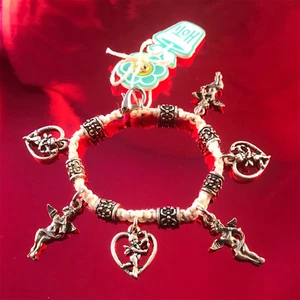 HOTI White Hemp Handmade Cupid Charm Bracelet Ladies Love Heart Angels Metal NWT - Picture 1 of 2