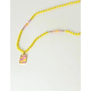 Vibrant Statement Pink Yellow Necklace Pendant Dainty Flower Rosary Gold Plated - Picture 1 of 7
