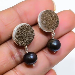 Pyrite Druzy, Amethyst Gemstone 925 Sterling Silver Jewelry Earring 1.06" r369 - Picture 1 of 2