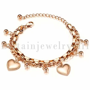 Stainless Steel Muity-layer Heart Charm Beads Chain Bracelet For Women Girls - Picture 1 of 15