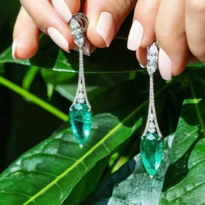 15 Ctw Lab Created Emerald & Diamond 14K White Gold Plated Pear Drop Earring - Image 1 of 4