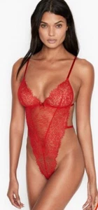 Victorias Secret Lipstick Red Lace Teddy Sexy Strappy Size M Thong Tie Back NWT - Picture 1 of 3