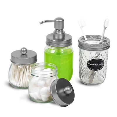 Juego de accesorios de baño tarro de masón dispensador de jabón tarro de albañil + soporte Qtip juego de 4 piezas Foto 1 de 4