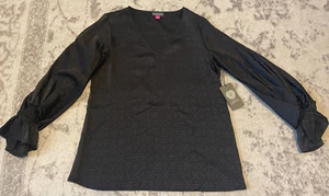 Women’s Vince Camuto V Neck Ruffle Cuff Blouse Top Black Size XS - Picture 1 of 9