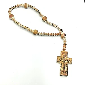 Large Rosary Beads Pottery Clay Distressed Cross Decor 20” New - Picture 1 of 8