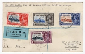 VIRGIN IS 1935 REGISTERED AIRMAIL SILVER JUBILEE FDC FROM ROAD-TOWN TO ENGLAND - Picture 1 of 2