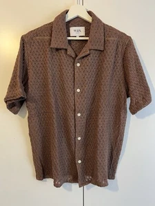 Wax London Lido Brown Dobby Cotton Weave Short-Sleeve Shirt Medium NEW - Picture 1 of 8