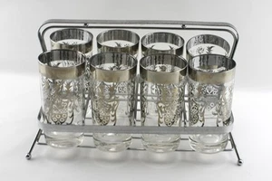 Vintage Retro Silver Crest Frosted Glass Drinking Glass Set (8) With Cary Caddy - Picture 1 of 4