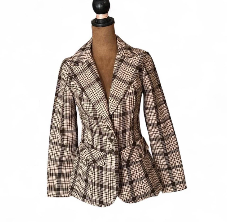 Vintage 70s Fitted Blazer Gaddi California XS/S Brown & Tan Plaid - Image 1 of 4