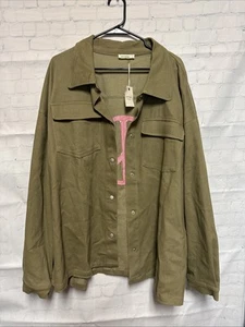 NWT Anthropologie Andthewhy Shacket jacket Button Up 3XL Olive Green Pink Peace - Picture 1 of 8