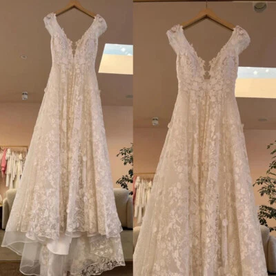 Deep V Neck Wedding Dresses White Lace with Train A Line Ivory Bridal Gowns - Image 1 of 4