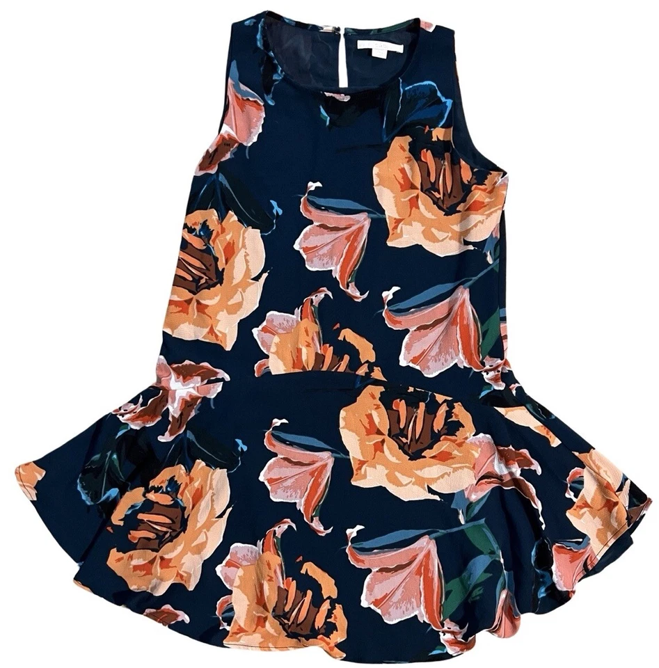 Женское синее мини-платье без рукавов с цветочным рисунком - размер маленький - Изображение 1 из 3