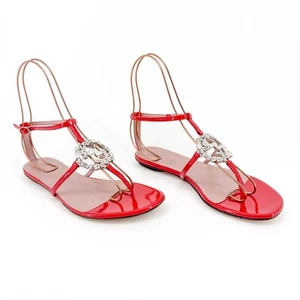 Gucci Crystal GG Interlock T-Strap Sandals EU 37 US 7 Red Patent Flat Logo Thong - Picture 1 of 13