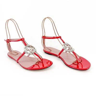 Sandalias Gucci Cristal GG Interlock Correa en T EU 37 US 7 Rojo Patente Logo Plano Tanga Foto 1 de 4
