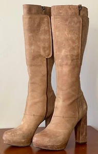 Vera Wang Tall Boots Light Brown Distressed Leather Chunky 5” High Heels Sz 9.5 - Picture 1 of 10