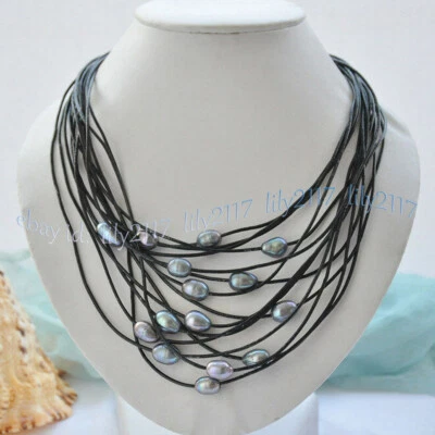 Collar de cuero 15 filas 10-11 mm blanco negro de perlas de arroz de agua dulce 17-20 pulgadas Foto 1 de 4