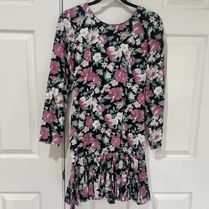 80s womens vintage clothing Floral Ruffle Bottom Long Sleeve Dress —Made In USA - Picture 1 of 12
