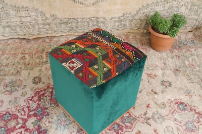 Vintage Kilim Pouf – Handmade Oriental Boho Ottoman Seat Footstool Green Decor - Image 1 of 4