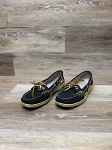 Sperry Top-Sider Angelfish Black Leather Leopard Boat Shoes Women's Size 8.5 - Picture 1 of 6
