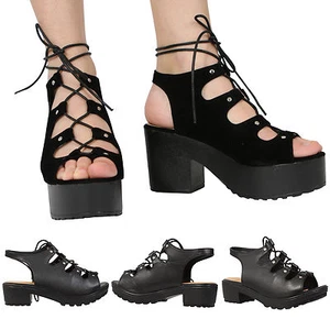 GIRLS KIDS MID LOW BLOCK HEEL SANDALS CHUNKY LACE UP CUT OUT GLADIATOR SHOES - Picture 1 of 9