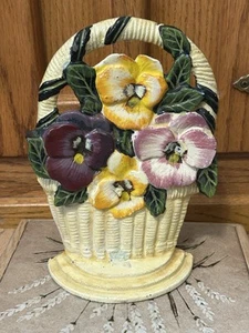 Vintage Hand Painted Cast Iron Door Stop Basket with Flowers Farmhouse Chic - Picture 1 of 9