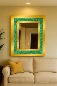 Semi Precious Stone Wall Mirror –Green Malachite – Interior Home Accent Decor - Picture 1 of 9