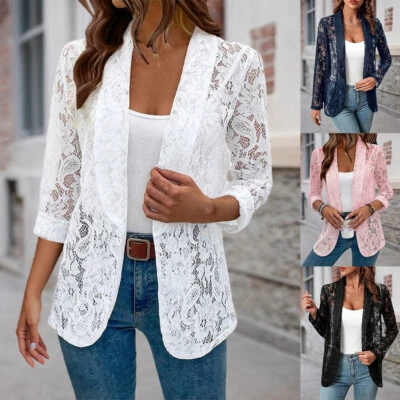 Womens Lace Long Sleeve Casual Loose Coat Ladies Elegant Blazer Jacket Cardigan - Image 1 of 4