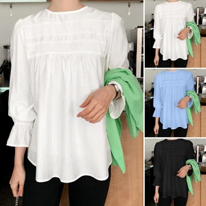 ZANZEA Womens Long Sleeve O Neck Tops Pleated T Shirt Tee A Line Ruffles Blouse