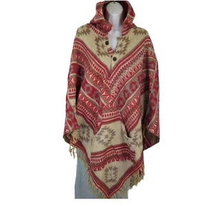 Poncho|2 Button|Tassels | Hood+Pocket| Boho| Desert| Yak Wool Blend|1 Size| Sand - Picture 1 of 8