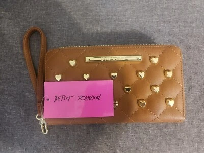 BETSEY JOHNSON коньяк молнии вокруг застежки бумажник кошелек с ремешком BS800160 золотые сердца новый с Ярлыками - Изображение 1 из 3