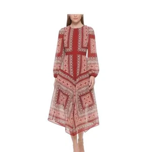 Vince Camuto Kleid Damen Größe 12 rot weiß Midi geometrisches Muster durchsichtig Chiffon *Makel* - Bild 1 von 10