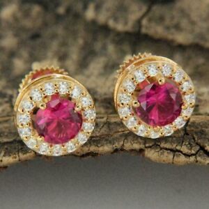 2Ct Lab-Created Pink Ruby Women's Screw Back Stud Earring 14K Yellow Gold Plated